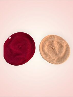 (2) Red and Tan Wool Beret Duo